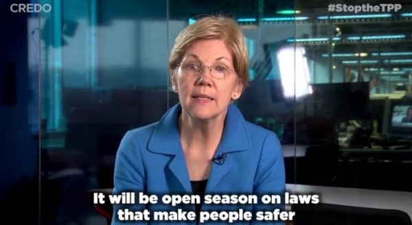 Sen. Elizabeth Warren urging progressive activists to keep pressure on Congress to stop the TPP.