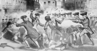 A depiction of the Boston Massacre, which included the murder of Crispus Attucks by British soldiers, by artist William L. Champey, circa 1856. The lithograph, created decades after the Revolutionary War was over, became a symbol for the Abolitionist movement leading up to the Civil War.