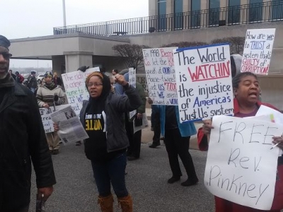 Supporters of Rev. Pinkney demonstrate their anger and determination to win justice. They refuse to be intimidated into silence, though they see clearly the corruption in Berrien County.