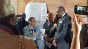 Congresswoman Elearnor Holmes Norton delivers petitions to Deputy Postmaster General Ron Stroman